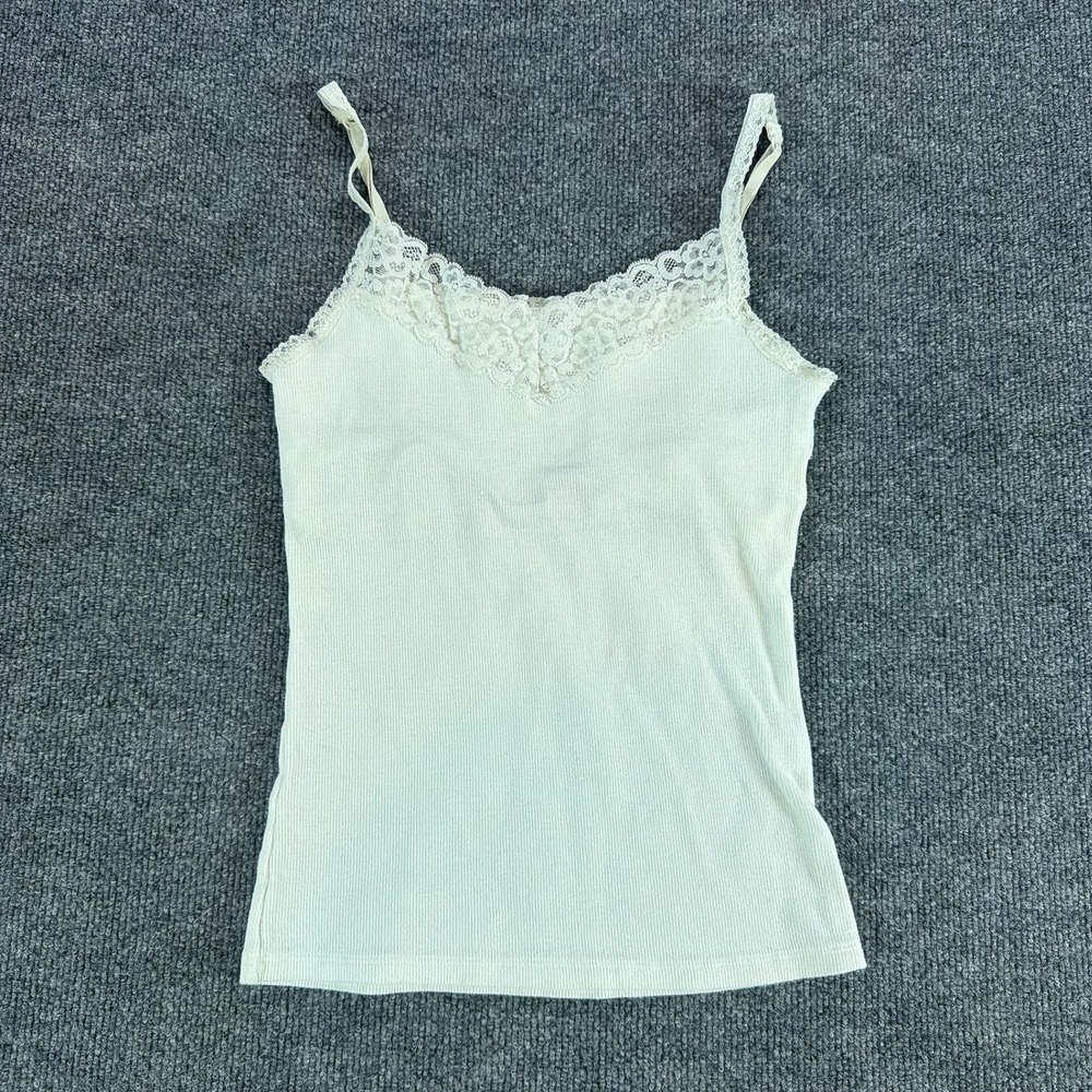 Nautica Womens Cream Ribbed Lace Trim Cami Tank Top Shelf Bra Sz Medium Summer